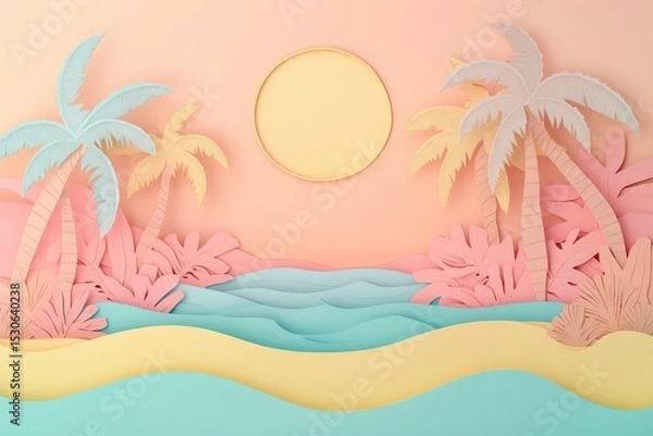 Fototapeta Pastel colored paper cut-out scene of a tropical beach.