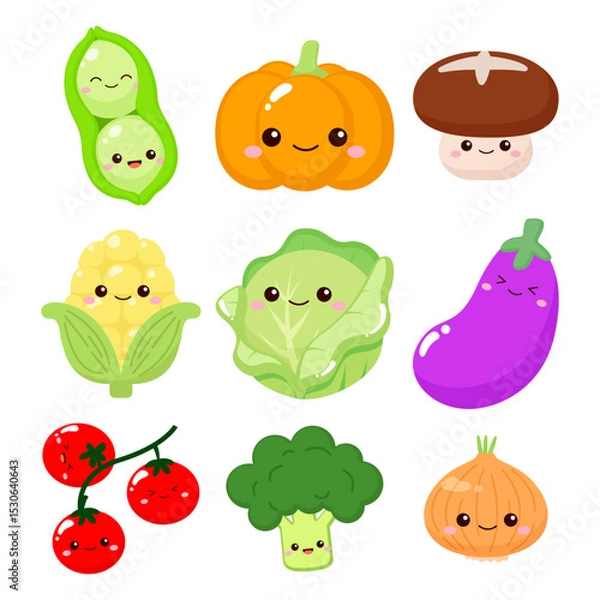 Obraz Cute vegetables design, peas, pumpkin, mushroom, eggplant, corn, onion, broccoli, tomatoes, cabbage