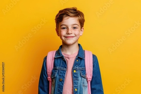 Obraz Smiling young boy with a pink backpack against a yellow background.