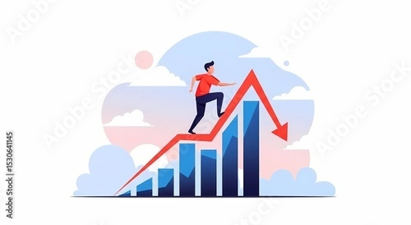 Fototapeta Man Climbing Red Arrow on Blue Bar Chart, Illustrating Business