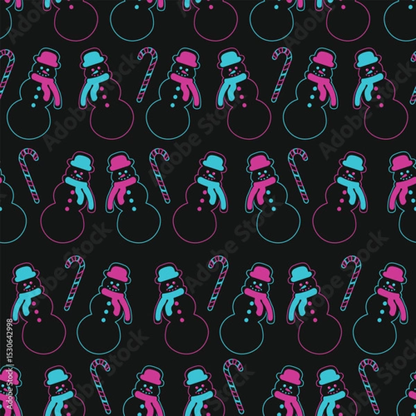 Fototapeta Outline style snowman and snowflakes vector seamless pattern Winter, New Year and Christmas Texture Creative neon gift wrapping paper design, wallpaper, fabric textile prints, card or banner template