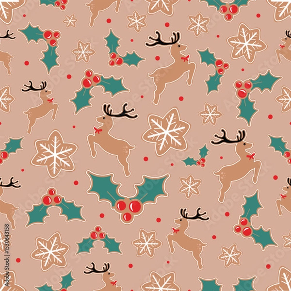 Fototapeta Christmas Seamless Pattern Christmas and New year Reindeer, snowflakes and Holly Berries Repeatable Pattern Decorative Elements Texture for Wallpaper, Gift card, Wrapping paper, Fabric Textile Prints.