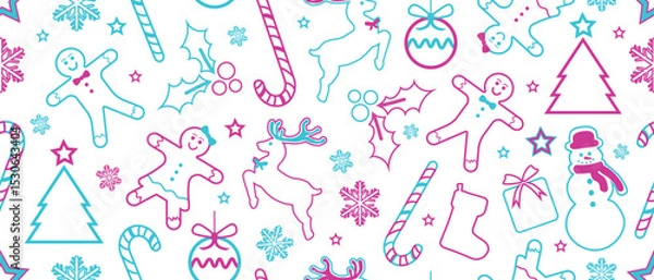 Fototapeta Christmas Outline Seamless Pattern. Christmas and New year Holiday Repeatable Pattern. Decorative Neon Texture for Wallpaper, Gift Wrapping paper, Card or Banner Template or Fabric Textile Prints.