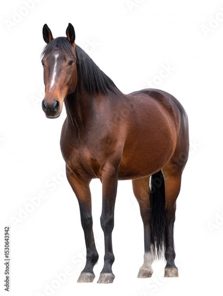 Obraz Majestic brown horse with a white stripe stands tall and proud against a pristine white background, showcasing its beauty and powerful physique in detail.