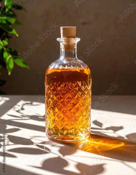 Fototapeta A beautifully crafted glass bottle filled with amber liquid catches the warm sunlight, casting intricate shadows and reflections on the surface of the light-colored table.