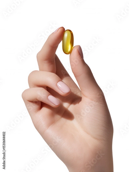 Obraz A woman holds a clear yellow capsule between her fingers against a clean white background, showcasing the simplicity and health benefits of the supplement.