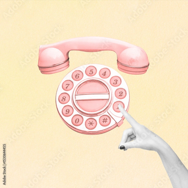 Obraz Abstract collage illustration of woman hand dialing numbers on pink telephone. Retro vintage style. Noise, grain, grunge and motion effect applied. Soft beige background with copy space