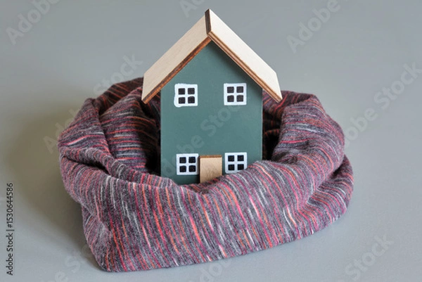 Fototapeta One miniature house in green with warm scarf on a grey background. Eco-friendly, energy neutral, energy price and house insulation concept.