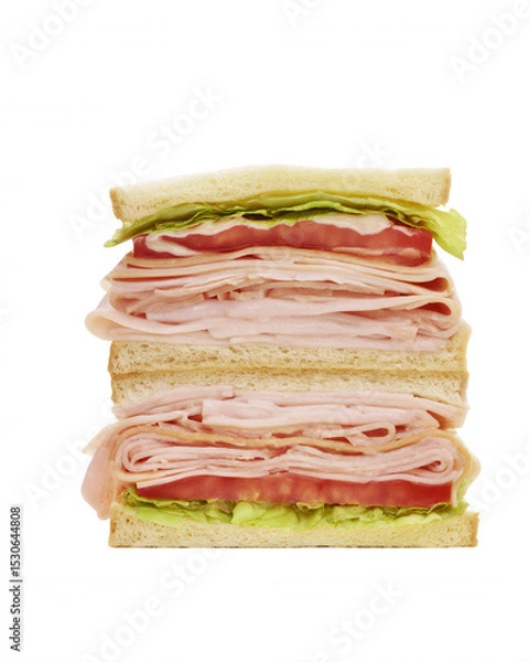 Obraz A delicious stack of thinly sliced turkey breast sandwich with lettuce and sliced tomatoes is isolated against a stark white background in a studio setting.