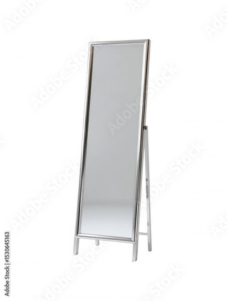 Obraz A tall, rectangular mirror with a shiny silver frame stands upright on a white background, reflecting light and creating a sense of depth and spaciousness.