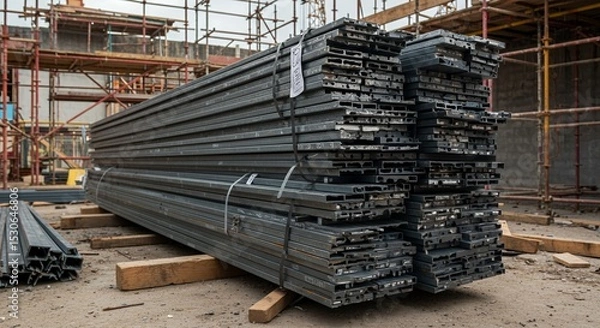 Obraz Stacked Black Perforated Steel Beams on Construction Site with Scaffolding Background in Daylight