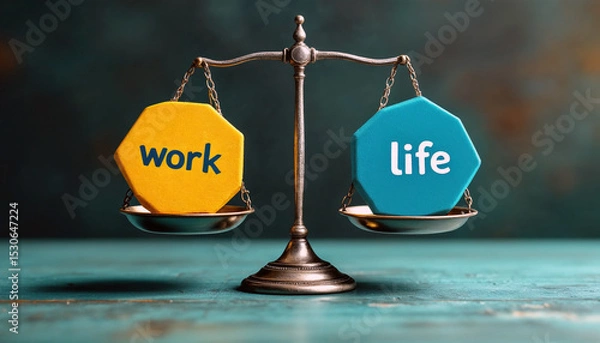 Fototapeta A scale with 'work' and 'life' balanced, symbolizing work life balance