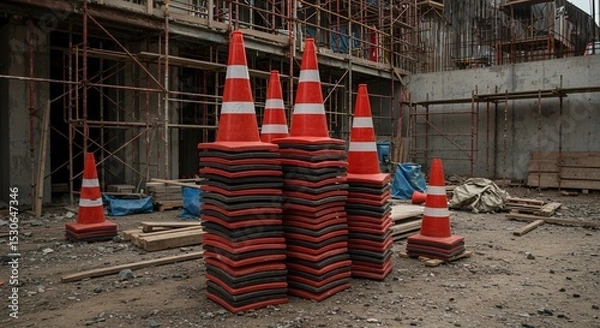 Obraz Stacked Orange and White Traffic Cones at Construction Site Emphasizing Safety and Progress with Scaffolding and Concrete Structures