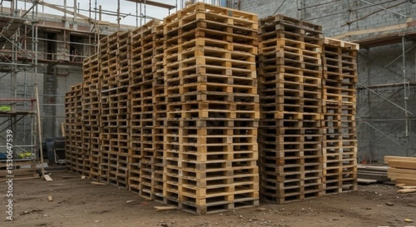 Obraz Stacked Wooden Pallets at a Construction Site Featuring Raw Textures And Industrial Storage And Distribution