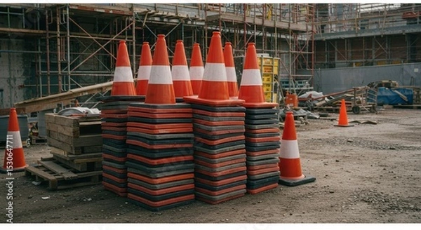 Obraz Stacks of Orange and White Traffic Cones in a Construction Site under Daylight