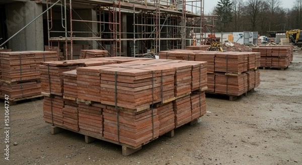 Obraz Stacks of Red Brick Paving Stones on Pallets at Muddy Construction Site with Exposed Scaffolding and Bare Trees Under Overcast Sky