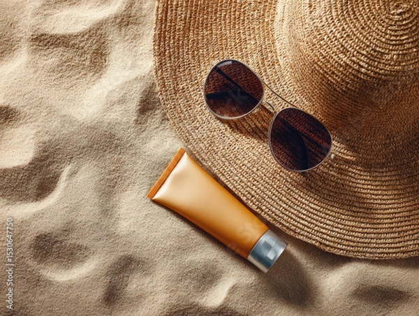 Fototapeta Relaxing beach scene featuring straw hat, sunglasses, and sunscreen tube resting on soft sand, evoking sense of summer leisure and sun protection