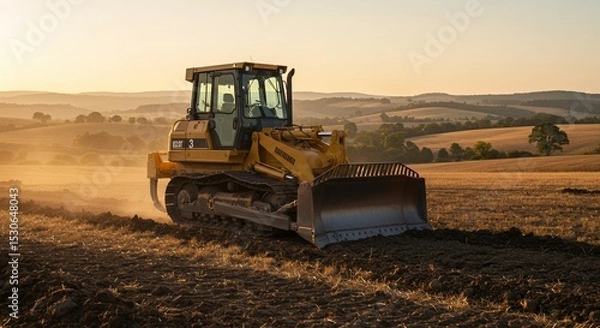 Obraz Yellow Bulldozer Pushing Soil in Rural Field at Sunset Under Golden Sky Rolling Hills Landscape in Agriculture and Construction Earthmoving