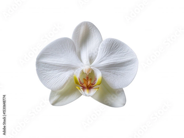 Obraz An elegant white orchid flower blooms gracefully, its delicate petals displaying intricate textures against a clean, minimalist background for a serene aesthetic.