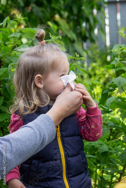Fototapeta Father helps little girl wipe snot from her nose due to spring allergies