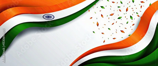 Fototapeta Celebrate India Independence Day with this vibrant waving flag design featuring saffron orange white and green colors and festive confetti.