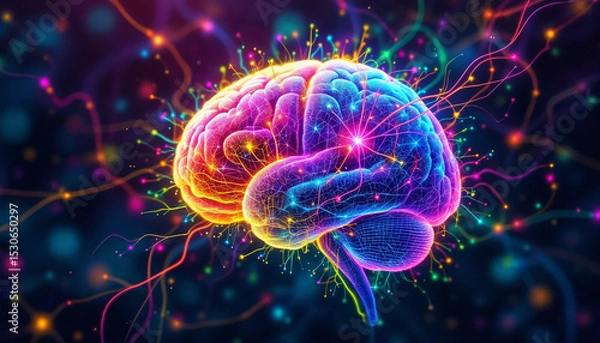 Fototapeta Colorful Abstract Brain with Complex Neural Network Vibrant Synaptic Connections, Dynamic Cerebral Cortex, Digital Illustration of Human Cognition and Neuroscience