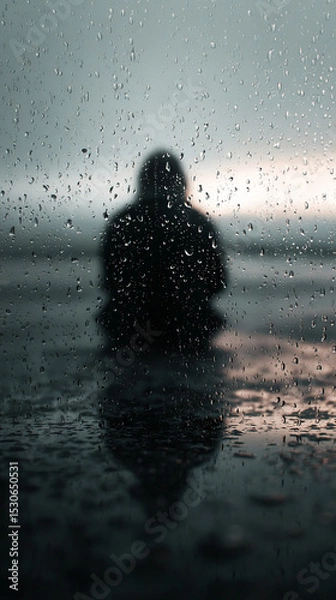 Obraz Rain drops on glass, obscuring a lone figure sitting, conveying feelings of solitude, contemplation, and introspection during a rainy day