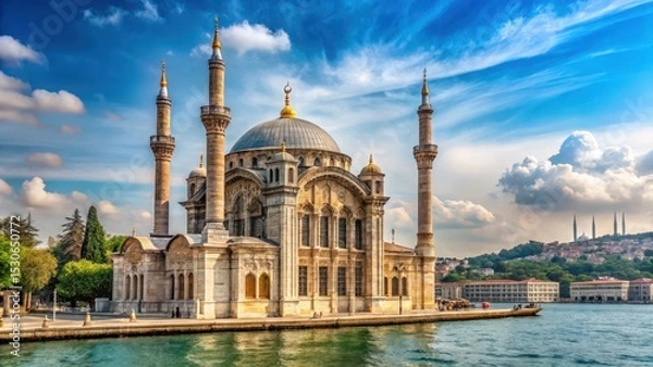 Fototapeta Ornate minarets and intricate Islamic patterns adorn the exterior of this stunning Baroque-style mosque on the Bosphorus Strait in Ortakoy