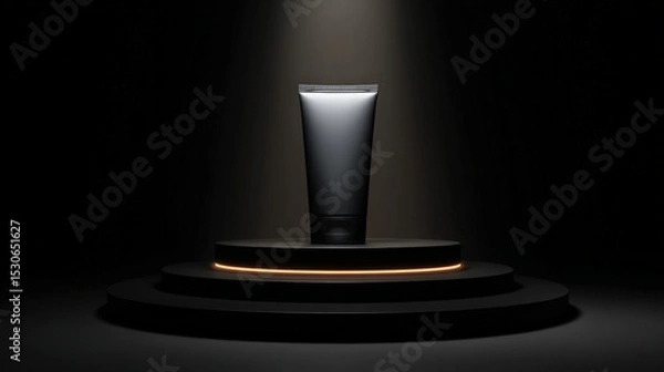 Fototapeta Sleek, modern sunscreen tube is showcased on circular pedestal, illuminated by dramatic spotlight against dark background, creating striking visual contrast