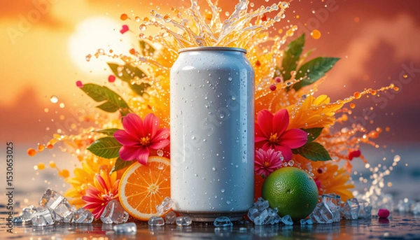 Fototapeta Tropical Citrus Drink Can Floral Splash Design, Blank Beverage Mockup, Vibrant Orange Lime Background, Summer Refreshment, Cold Ice Can