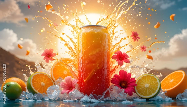 Fototapeta Orange Red Citrus Energy Drink Can Splashing Fruit Mockup, Summer Ice Beverage Concept with Lime, Orange, Flowers, and Sunshine