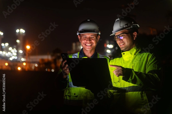 Fototapeta Two engineers are standing and working with smiling faces in front of an industrial plant at night