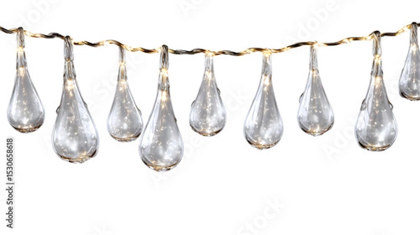 Fototapeta Raindrop string lights with transparent wire, realistic reflection