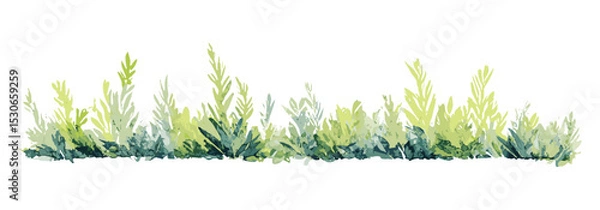 Obraz Vector illustration of watercolor bush grass bander, side view for architecture plan, landscape section, garden design, elevation drawing, foliage layout, transparent background.