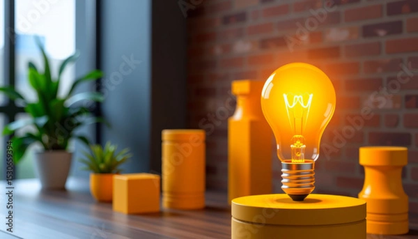 Fototapeta Bright Idea with Yellow Light Bulb Display