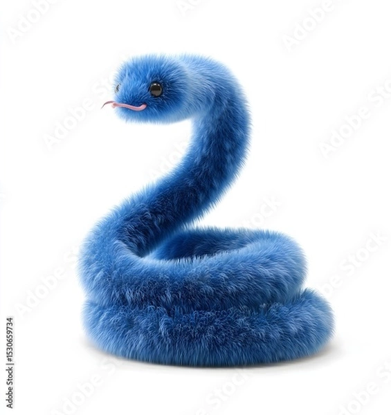 Obraz Cute fluffy blue snake with pink tongue, sitting coiled on a white background.