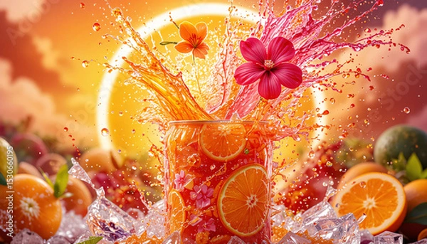 Fototapeta Vibrant Orange Splash Drink Can with Citrus Slices, Flowers, Sunset Sky, and Ice Fresh Summer Beverage Explosion Art