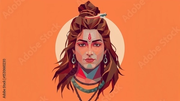 Obraz Low poly portrait of Lord Shiva against an orange background with a subtle sun halo.