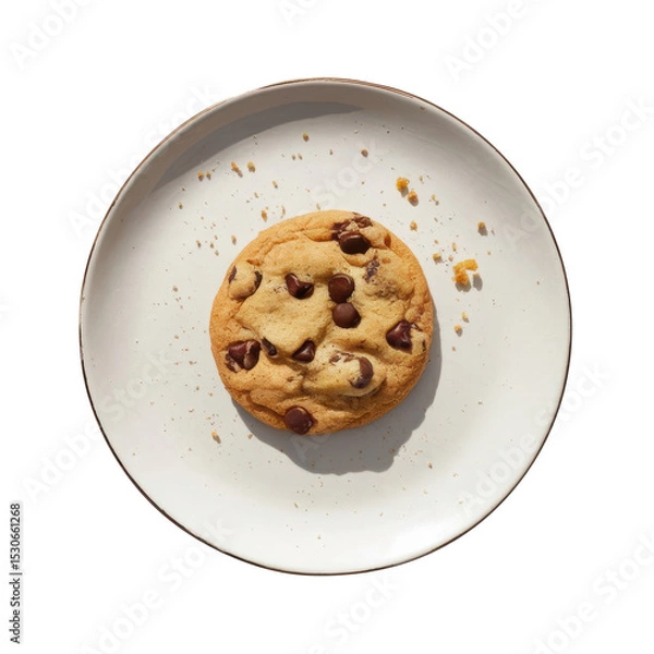 Fototapeta Classic Chocolate Chip Cookie on a White Plate: Warm, Crispy Treat with Melty Chocolates for Comfort Food and Baking Inspiration
