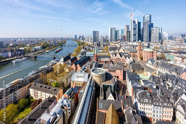 Fototapeta Frankfurt skyline skyscrapers in city center with the Römer and Main river from above in Frankfurt, Germany