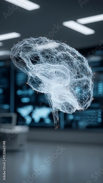 Obraz Digital neural network brain hologram floating in futuristic control room