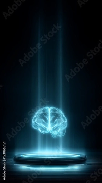 Obraz Glowing digital brain hologram emerging from futuristic platform