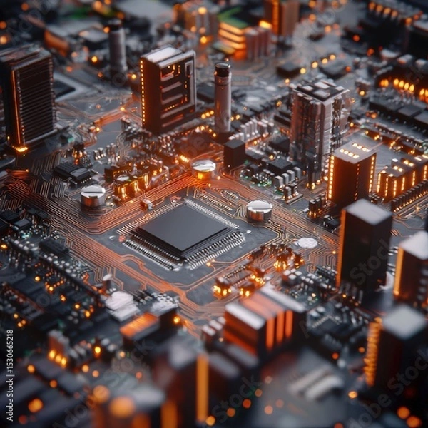 Fototapeta A computer chip is shown in a close up of a city