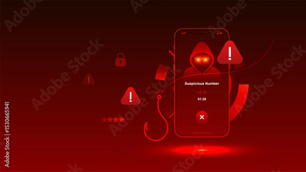 Fototapeta Phone scam vector with alert call fraud phishing cyber crime smartphone mobile scammer warning.