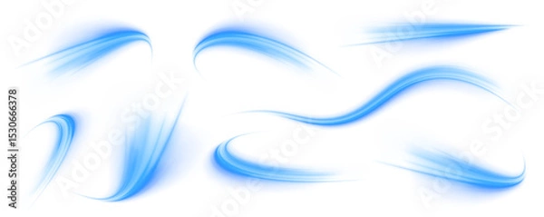 Obraz Set of blue speed lines on transparent background PNG.  Wavy transparent curved lines in the form of a blue wave, dynamically flowing sea water in a large set of different contour shapes. 