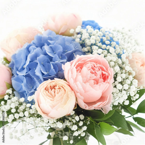 Fototapeta Delicate Spring Whispers: A Tender Arrangement of Peach Peonies, Blue Hydrangeas and Baby's Breath in Pure White Light	