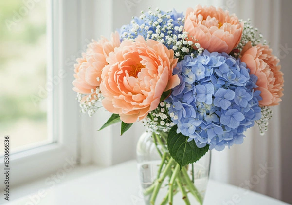 Fototapeta Delicate Spring Whispers: A Tender Arrangement of Peach Peonies, Blue Hydrangeas and Baby's Breath in Pure White Light	
