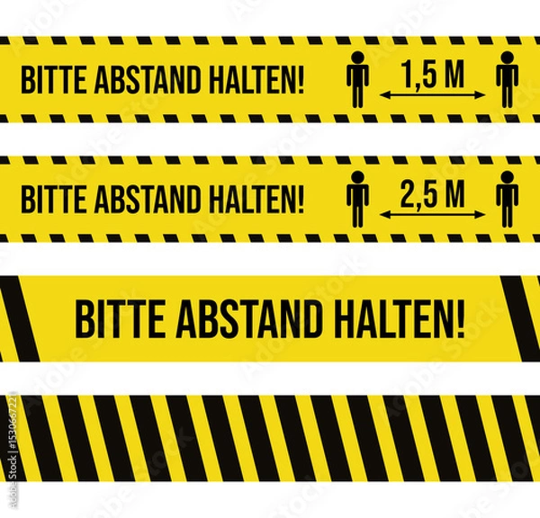 Fototapeta Set of four seamless caution tapes with german warnings for printing. Absperrband. Bitte abstand halten