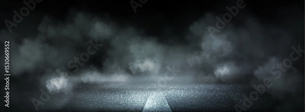 Fototapeta Dark asphalt road with white lane marking in thick smoke clouds. Racing scene atmosphere with dramatic fog effects on black background. Moody street surface for speed competition or auto presentation.