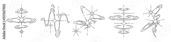 Fototapeta Y2K star tattoo line art collection with cosmic swirls, orbital rings and celestial sparkles. Minimalist space designs with abstract stellar forms for nostalgic body art or retro futuristic graphic.